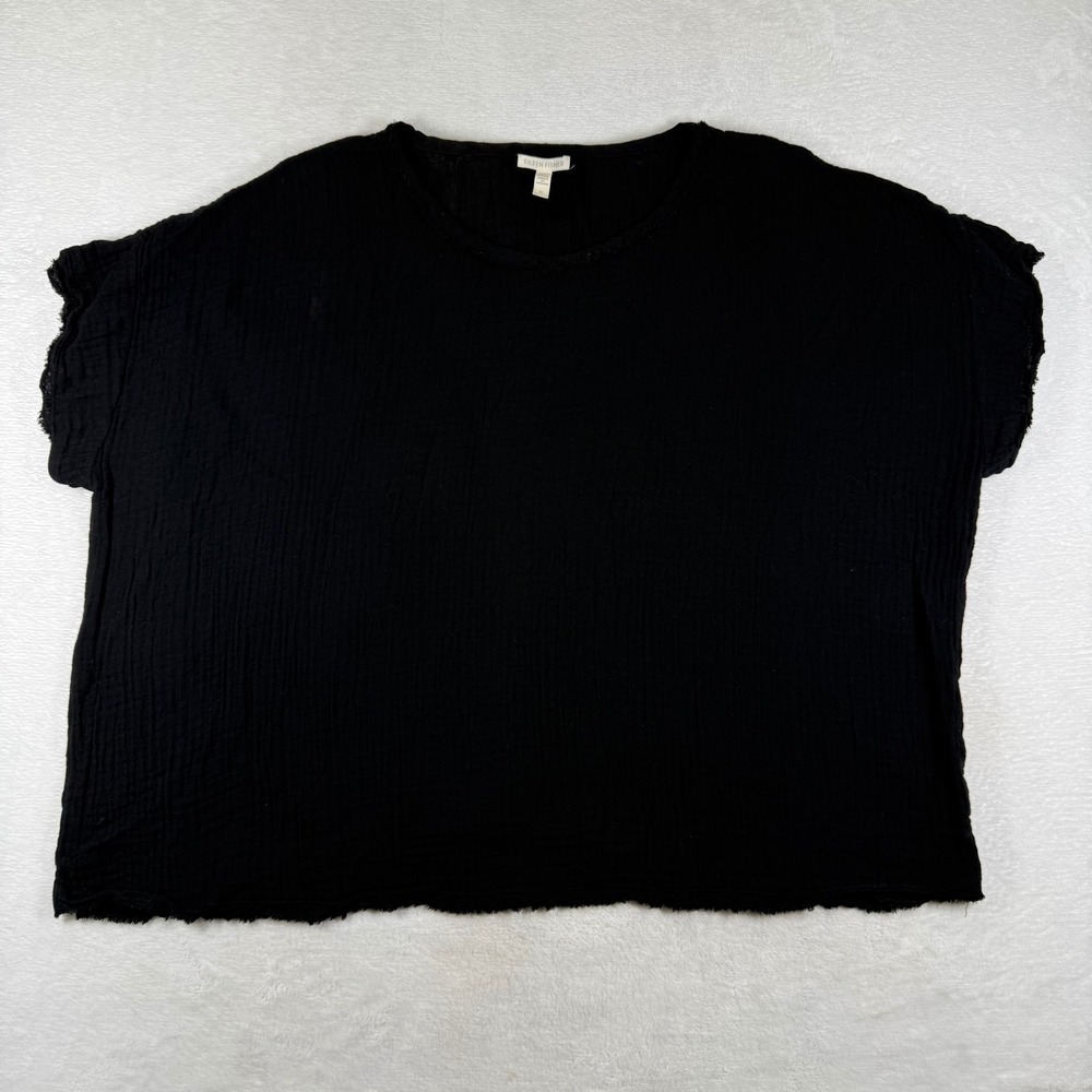 Eileen Fisher Organic Cotton Gauze Boxy Top Black Raw Hem Womens Plus 2X